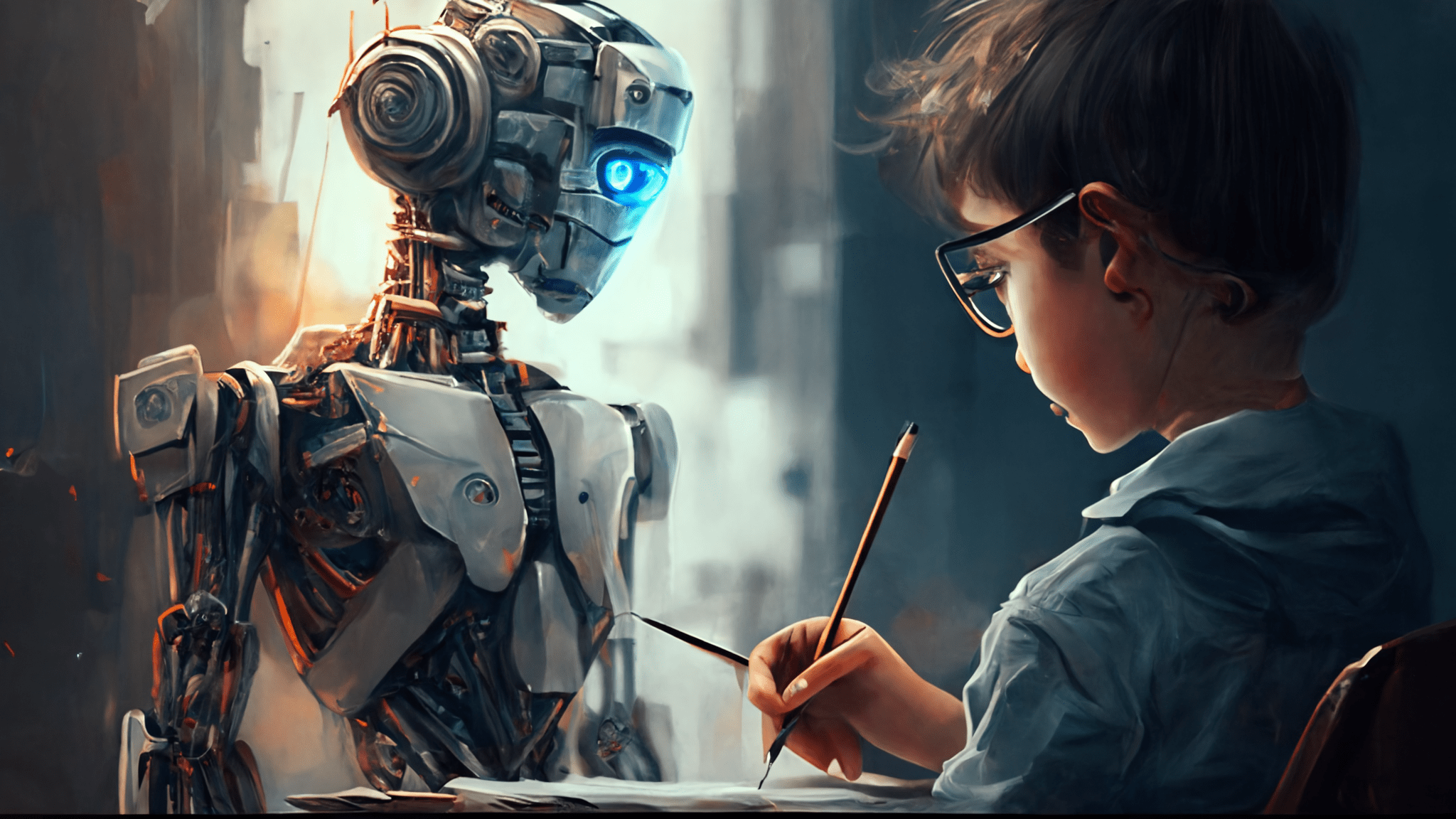 A young boy engaged in learning from a friendly, interactive robot, illustrating the practical application of artificial intelligence in education and business growth.