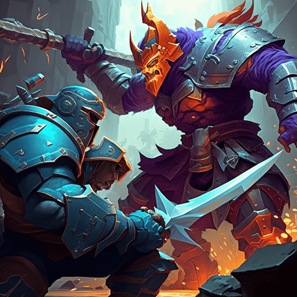 Two Dota 2 characters engaged in an intense duel, showcasing the potential of dynamic NFTs to enhance gaming experiences and create unique, interactive in-game assets.